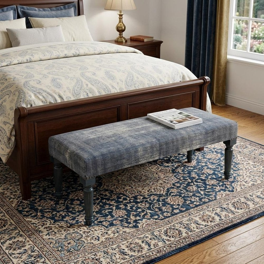 47" Blue And Cream Abstract Design Blue Leg Upholstered Bench HomeRoots