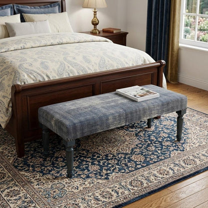 47" Blue And Cream Abstract Design Blue Leg Upholstered Bench HomeRoots