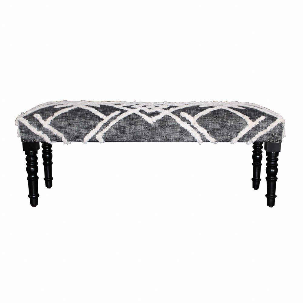 47" Gray And White Geometric Cotton Upholstered Distressed Bench HomeRoots