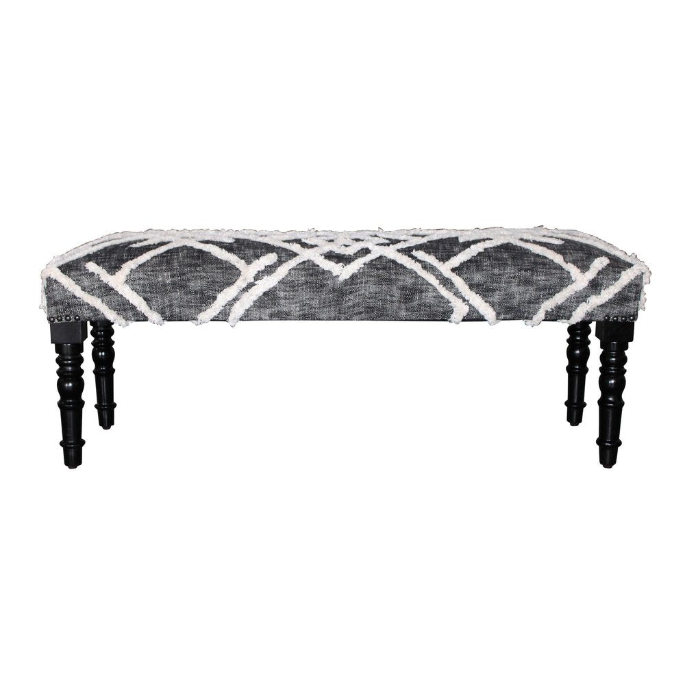 47" Gray And White Geometric Cotton Upholstered Distressed Bench HomeRoots