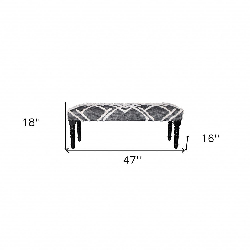 47" Gray And White Geometric Cotton Upholstered Distressed Bench HomeRoots