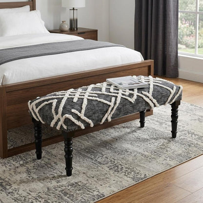 47" Gray And White Geometric Cotton Upholstered Distressed Bench HomeRoots