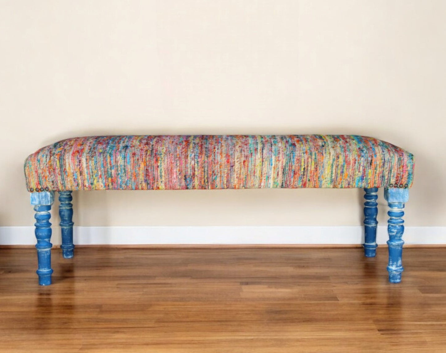 47" Rainbow Stripe Blue Leg Upholstered Bench