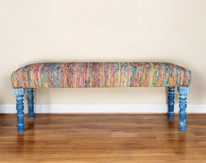 47" Rainbow Stripe Blue Leg Upholstered Bench