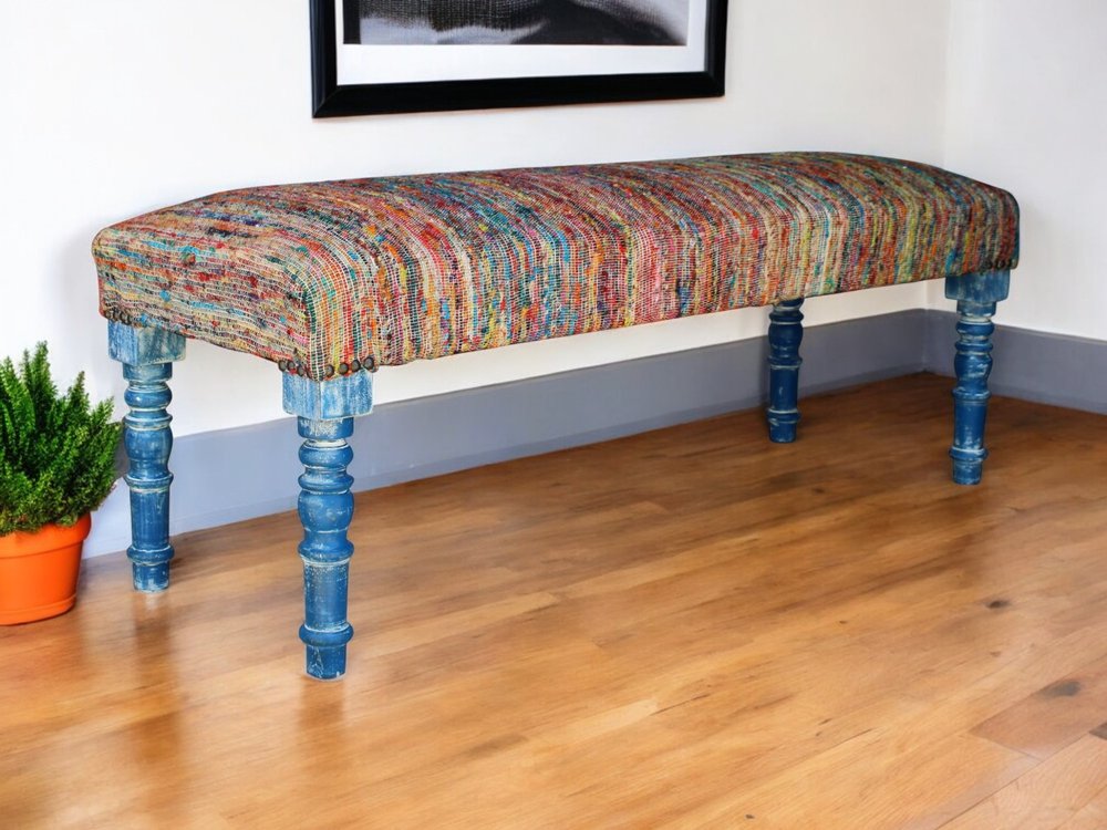 47" Rainbow Stripe Blue Leg Upholstered Bench HomeRoots