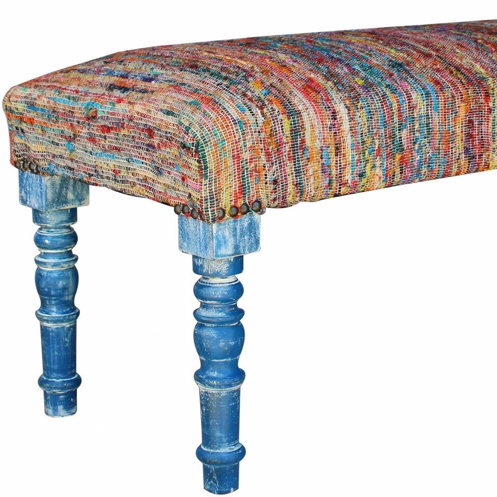 47" Blue and Orange Fabric And Viscose and Solid Wood Upholstered Distressed Bench HomeRoots