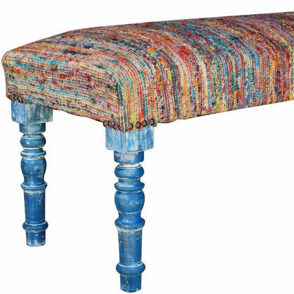 47" Blue and Orange Fabric And Viscose and Solid Wood Upholstered Distressed Bench HomeRoots