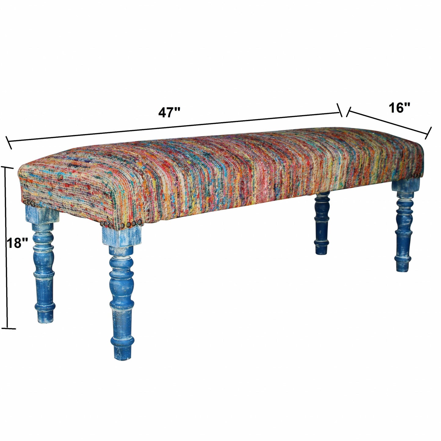 47" Rainbow Stripe Blue Leg Upholstered Bench