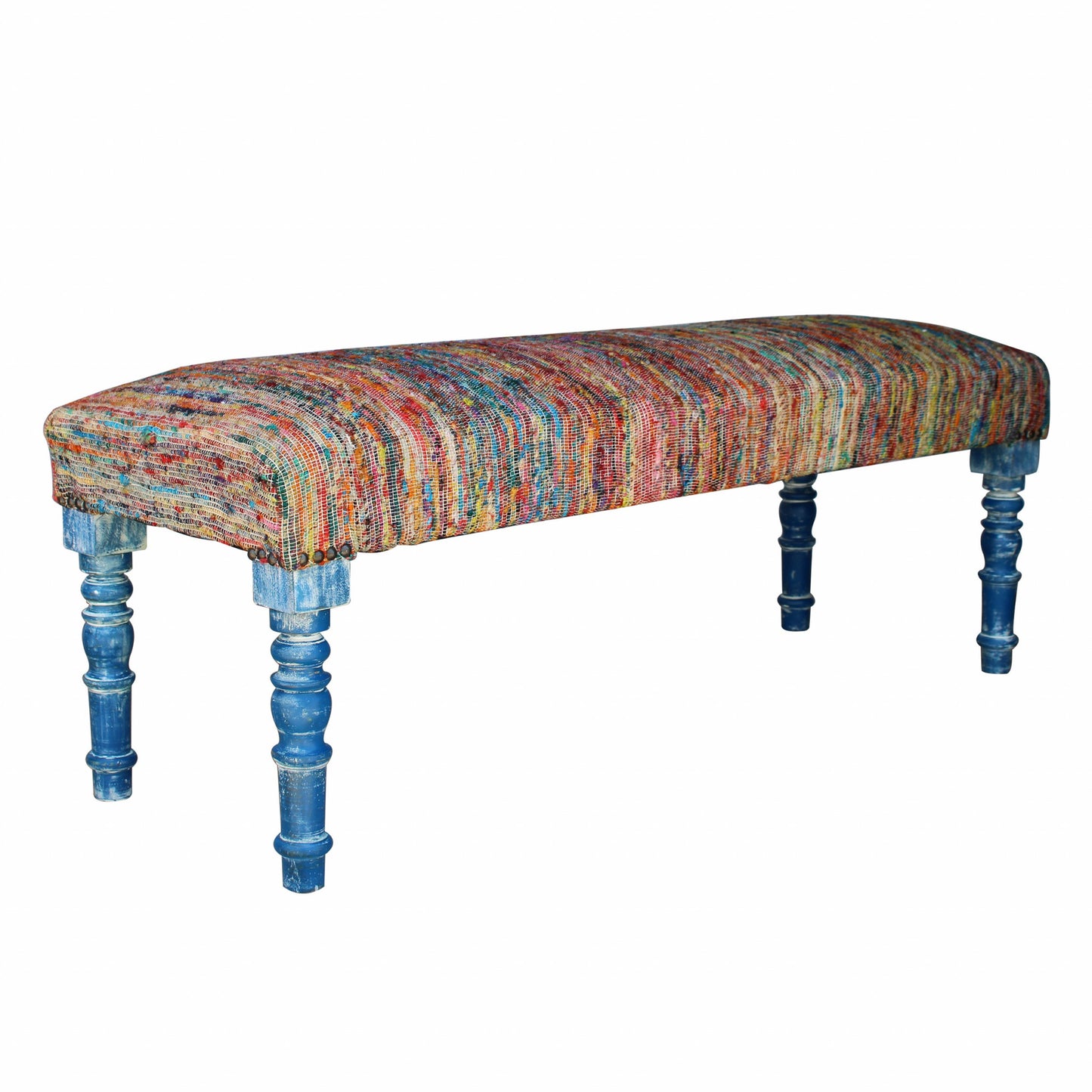 47" Rainbow Stripe Blue Leg Upholstered Bench