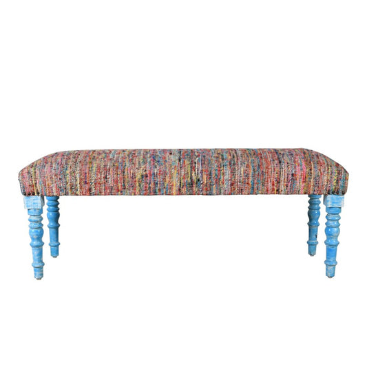 47" Blue and Orange Fabric And Viscose and Solid Wood Upholstered Distressed Bench HomeRoots