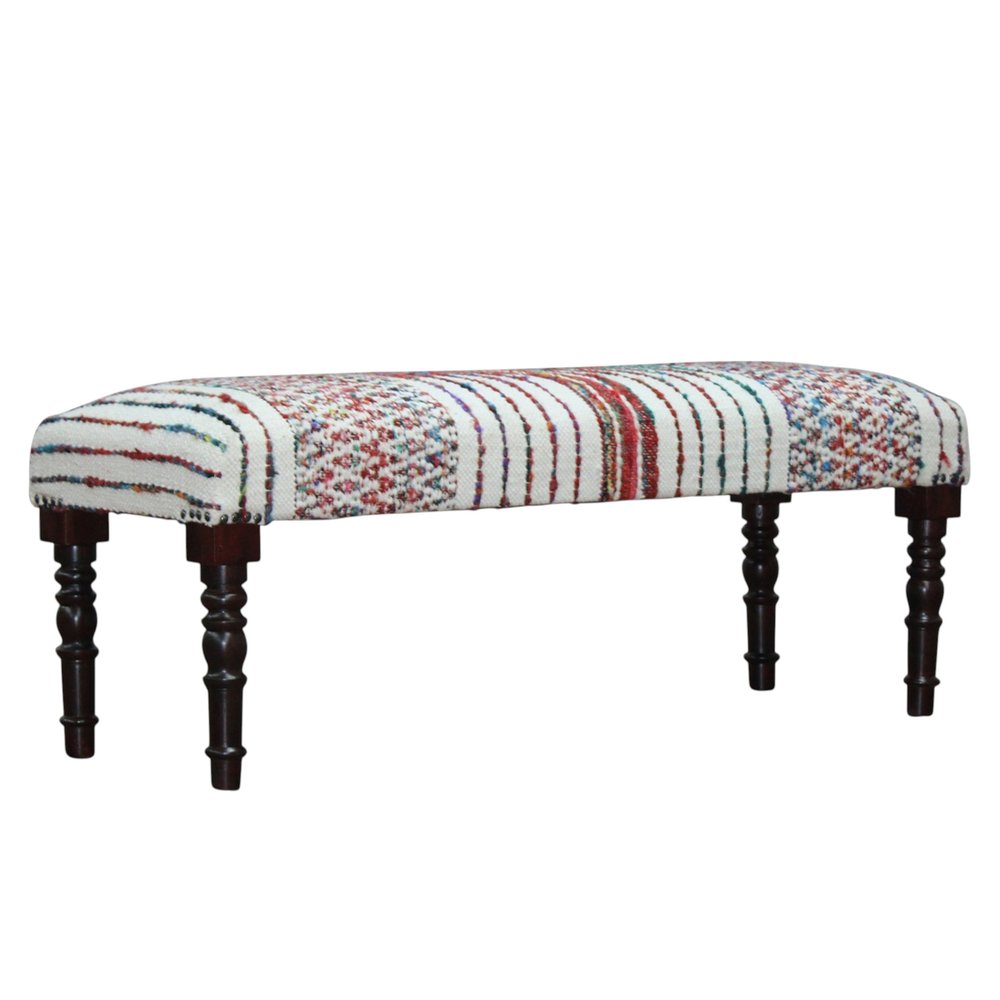 47" Ivory Red and Pink Black Leg Chevron Stripe Upholstered Bench HomeRoots