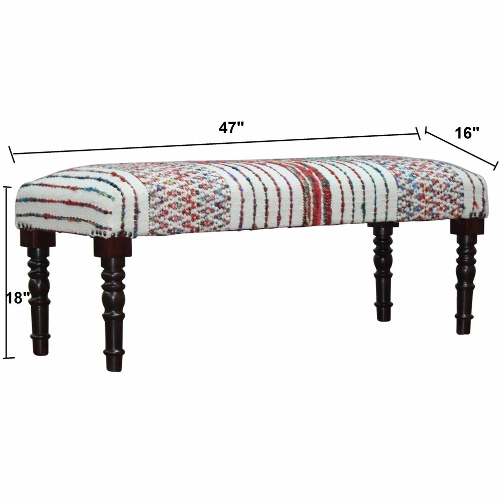 47" Ivory Red and Pink Black Leg Chevron Stripe Upholstered Bench HomeRoots