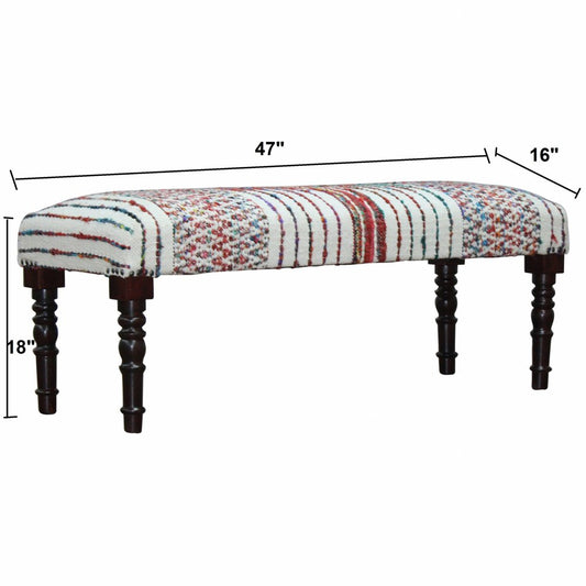 47" Ivory Red and Pink Black Leg Chevron Stripe Upholstered Bench HomeRoots