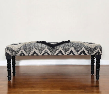 47" Black And White Black Leg Southwest Upholstered Bench