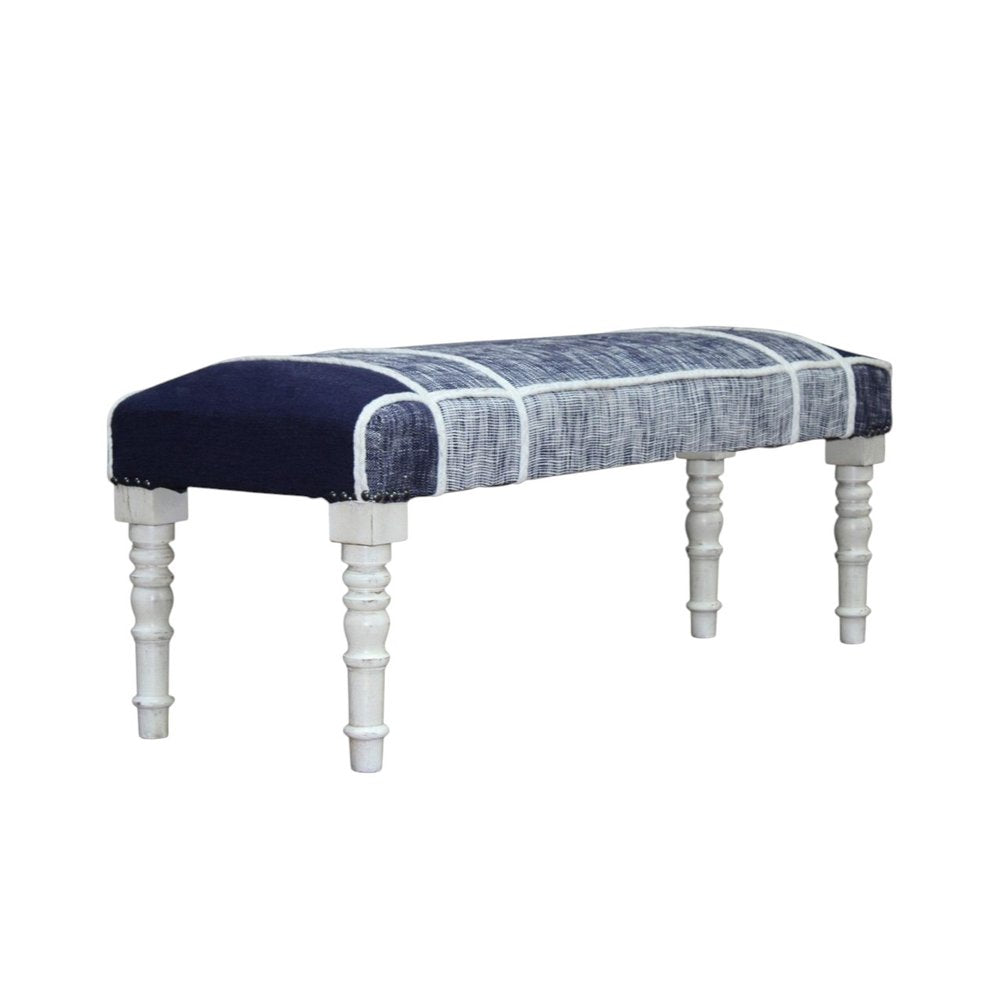 47" Blue And Gray Textural White Leg Upholstered Bench HomeRoots