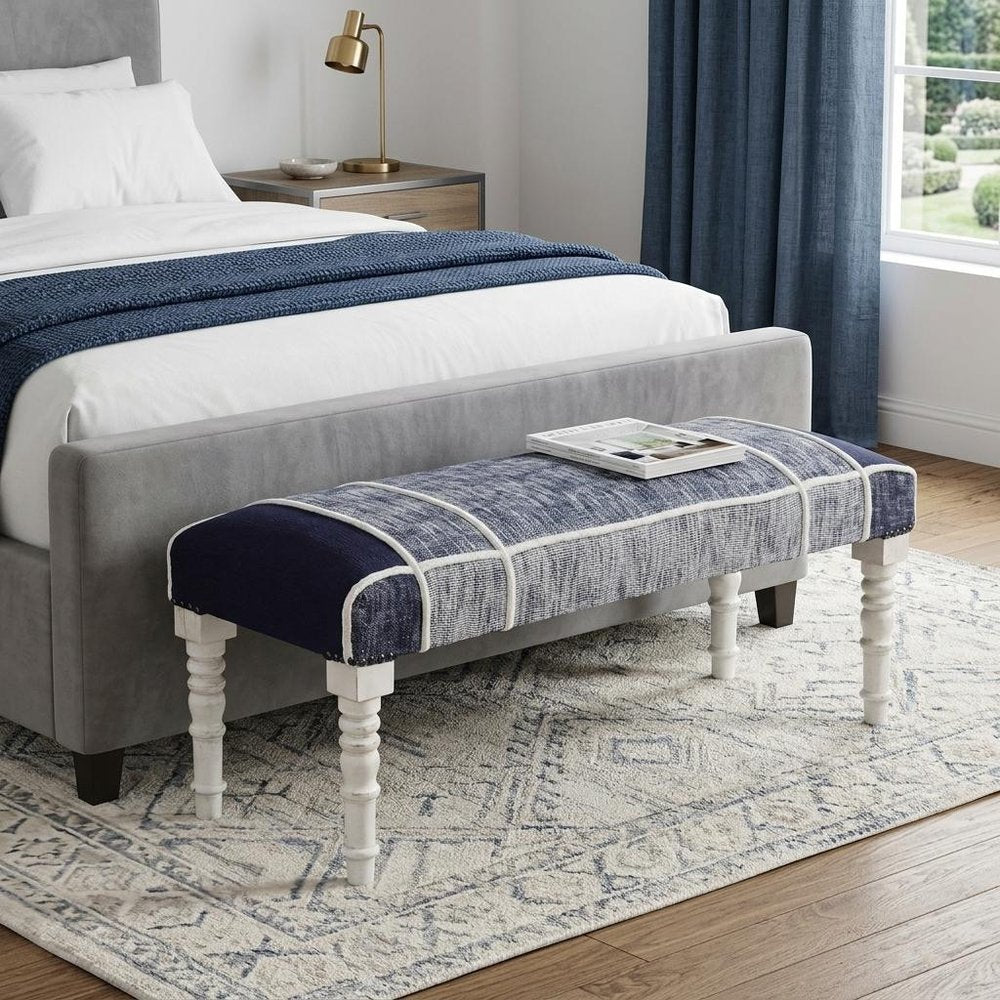 47" Blue And Gray Textural White Leg Upholstered Bench HomeRoots