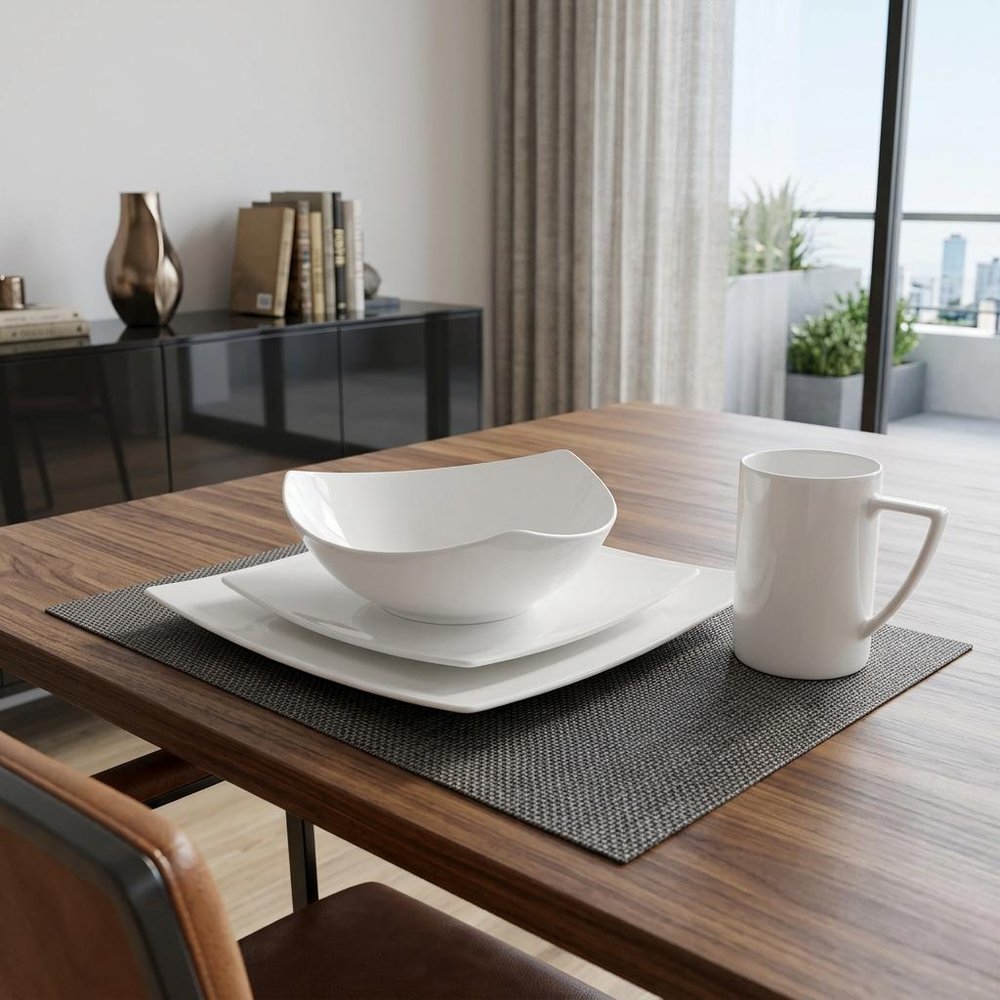 White Four Piece Square Bone China Dinnerware Set HomeRoots