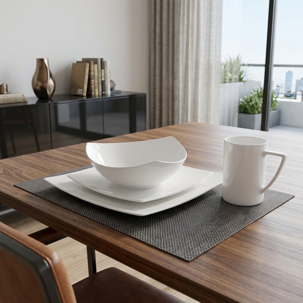White Four Piece Square Bone China Dinnerware Set HomeRoots