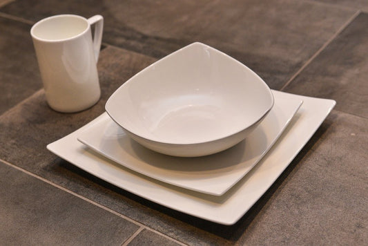 White Four Piece Square Bone China Dinnerware Set HomeRoots