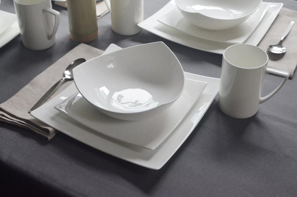 White Six Piece Square Bone China Service For Six Dinner Plate Set HomeRoots
