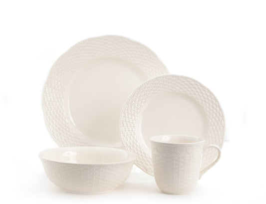 White Four Piece Weave Stoneware Service For Four Dinner Plate Set HomeRoots