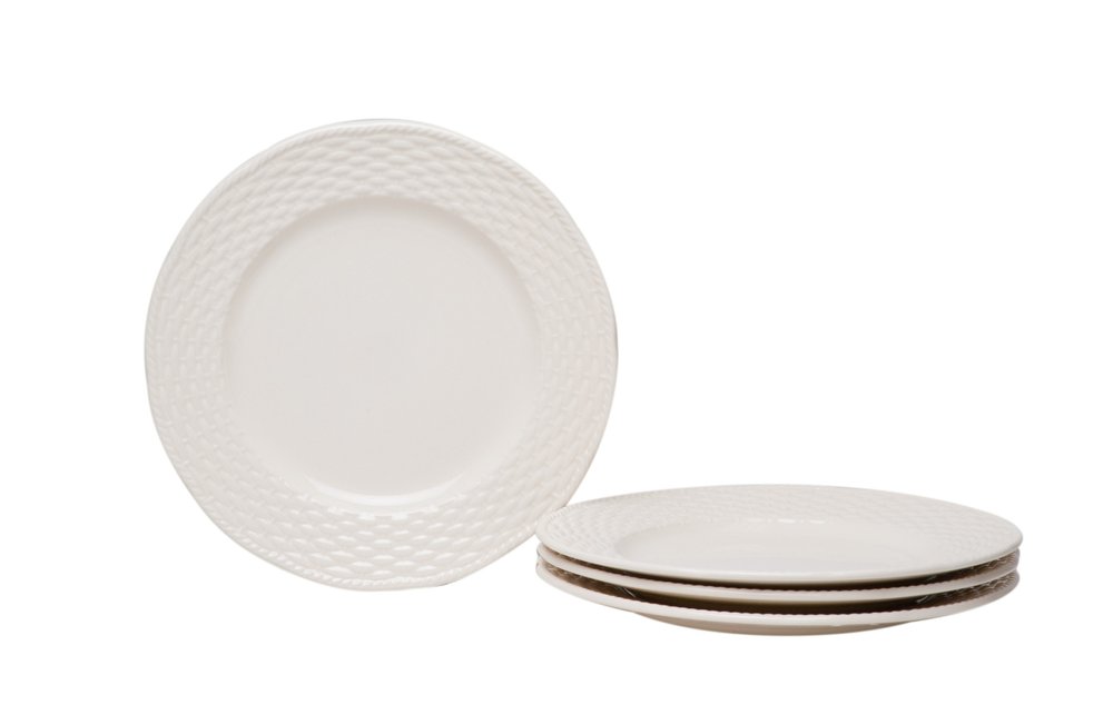 White Four Piece Round Weave Stoneware Service For Four Salad Plate Set HomeRoots