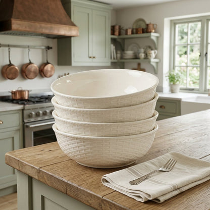 White Four Piece Round Weave Stoneware Service For Four Bowl Set HomeRoots