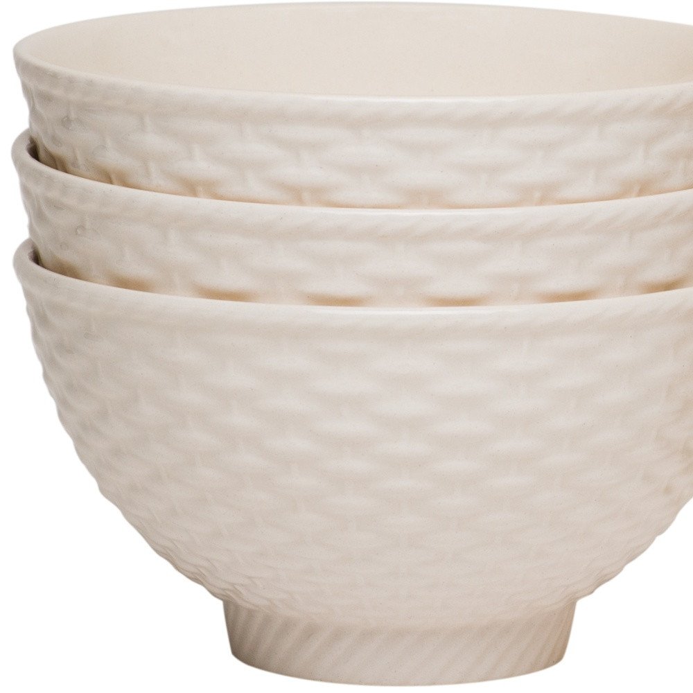 White Four Piece Weave Stoneware Service For Four Bowl Set HomeRoots