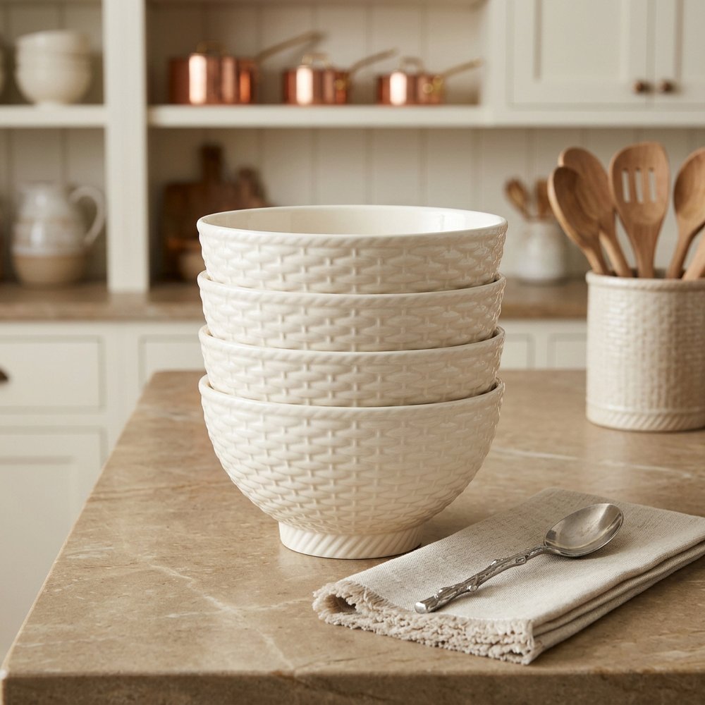 White Four Piece Weave Stoneware Service For Four Bowl Set HomeRoots