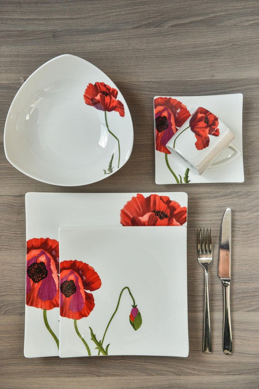 Red and White Six Piece Square Floral Bone China Service For Six Dinner Plate Set HomeRoots