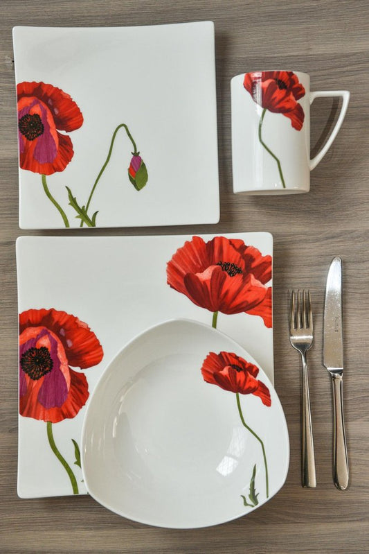 Red and White Six Piece Square Floral Bone China Service For Six Salad Plate Set HomeRoots