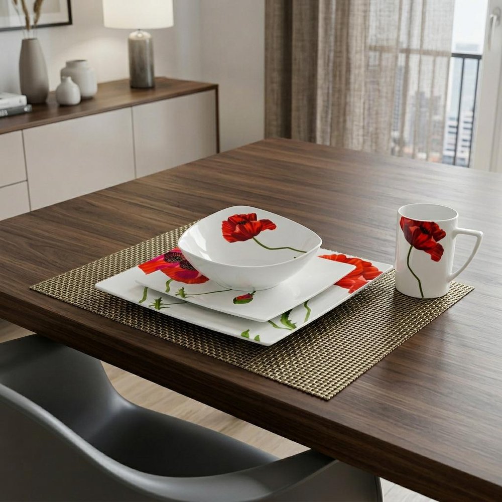 Red and White Four Piece Square Floral Bone China Dinnerware Set HomeRoots