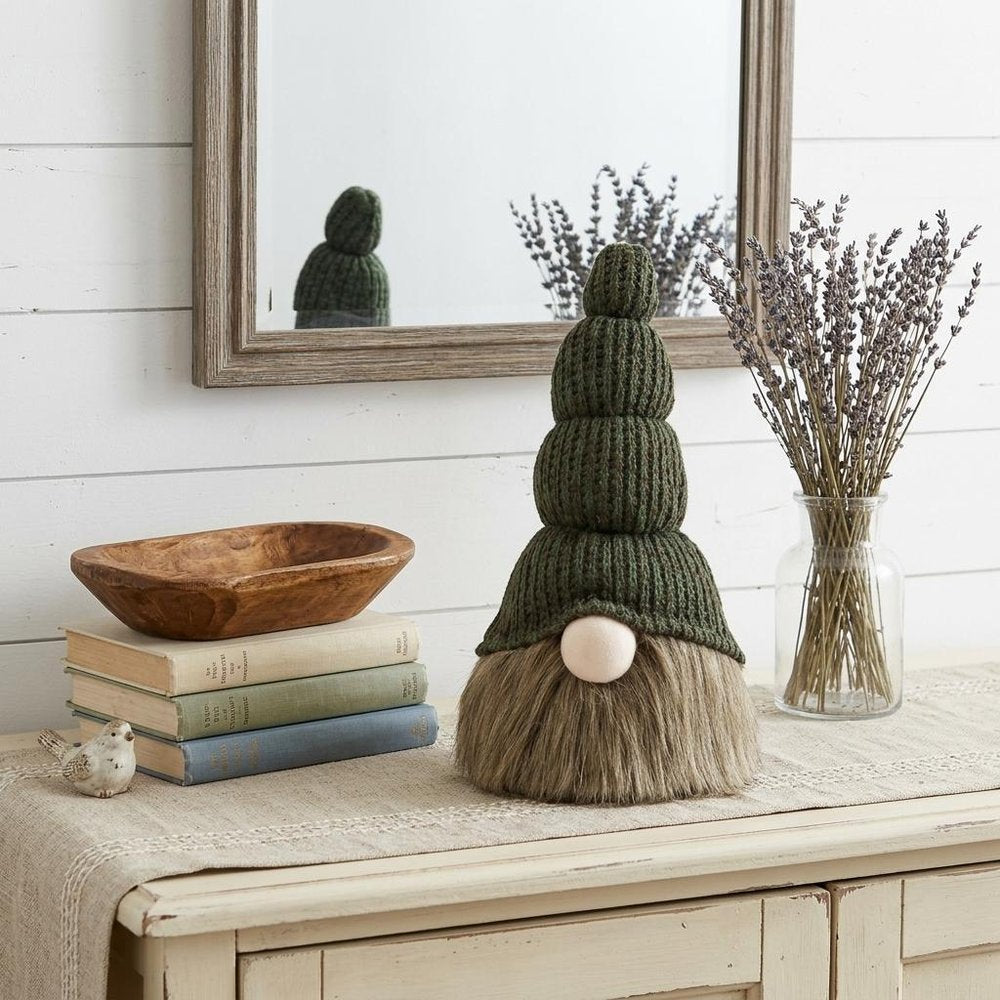 14" Green Chunky Knit Hat Fabric Sitting Gnome Sculpture HomeRoots