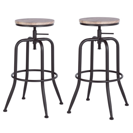 Set of Two Natural And Black Solid Wood And Steel Swivel Backless Counter Height Bar Chairs