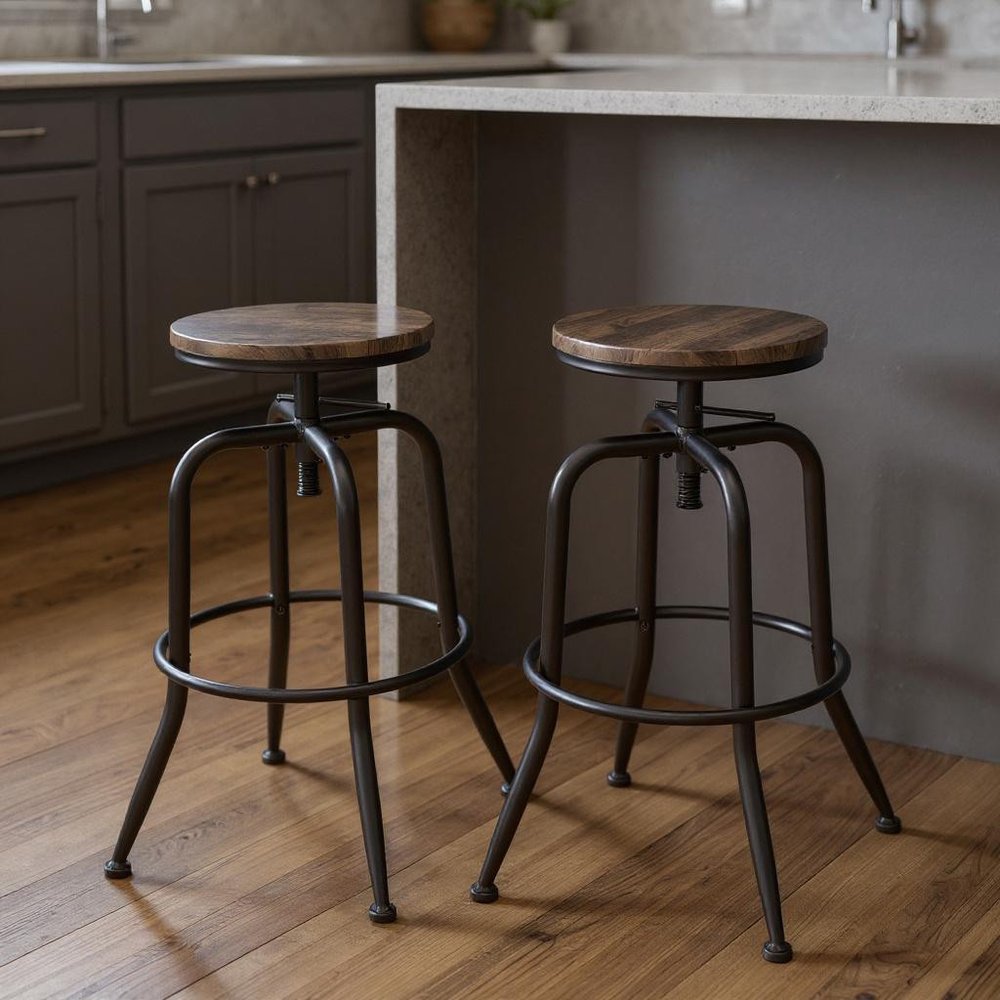 Set of Two Brown And Black Solid Wood And Steel Swivel Backless Counter Height Bar Chairs HomeRoots