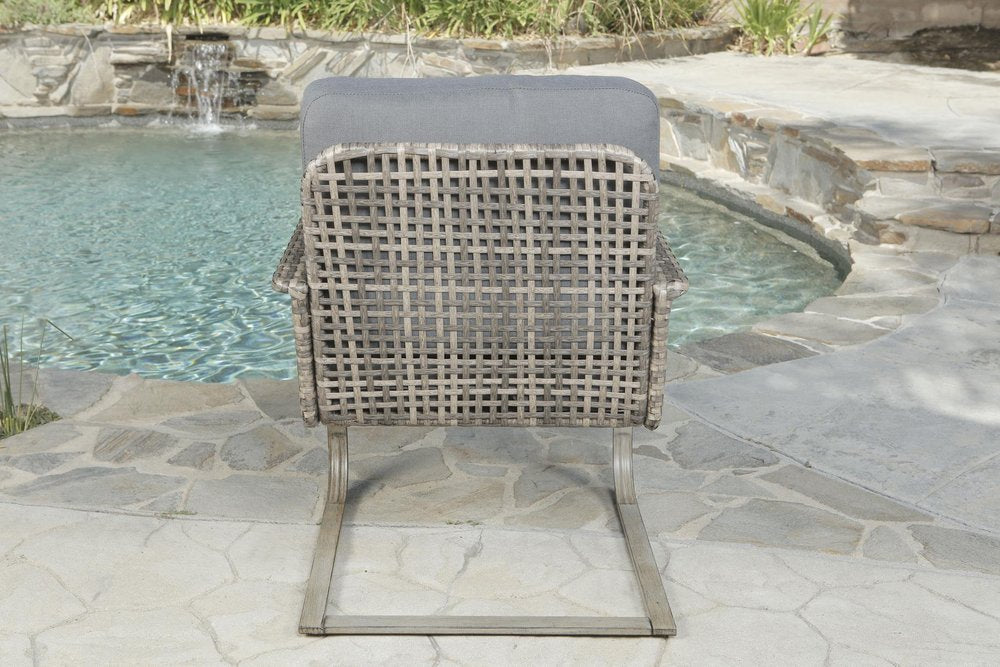 Five Piece Gray and Moss Green Wicker Upholstered Cushions Outdoor Patio Set With Fire Pit And Table — view 6