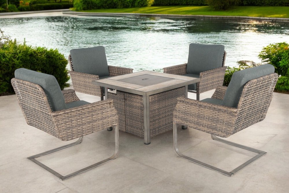 Five Piece Gray and Moss Green Wicker Upholstered Cushions Outdoor Patio Set With Fire Pit And Table HomeRoots