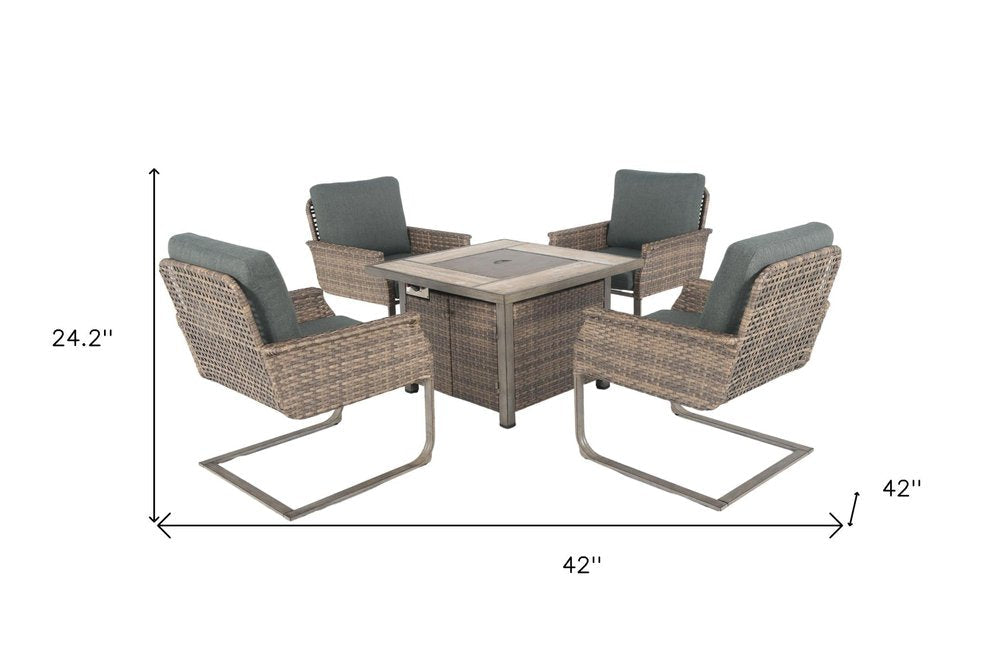 Five Piece Gray and Moss Green Wicker Upholstered Cushions Outdoor Patio Set With Fire Pit And Table — view 9