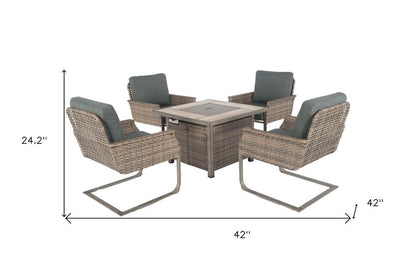 Five Piece Gray and Moss Green Wicker Upholstered Cushions Outdoor Patio Set With Fire Pit And Table HomeRoots
