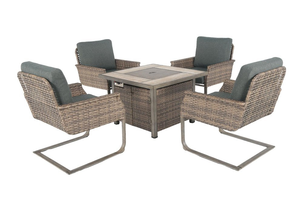 Five Piece Gray and Moss Green Wicker Upholstered Cushions Outdoor Patio Set With Fire Pit And Table HomeRoots