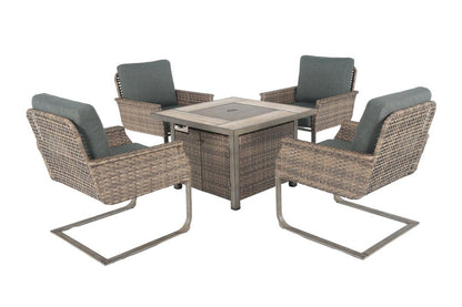 Five Piece Gray and Moss Green Wicker Upholstered Cushions Outdoor Patio Set With Fire Pit And Table HomeRoots