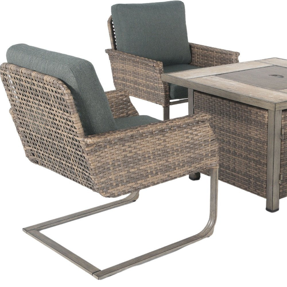 Five Piece Gray and Moss Green Wicker Upholstered Cushions Outdoor Patio Set With Fire Pit And Table HomeRoots