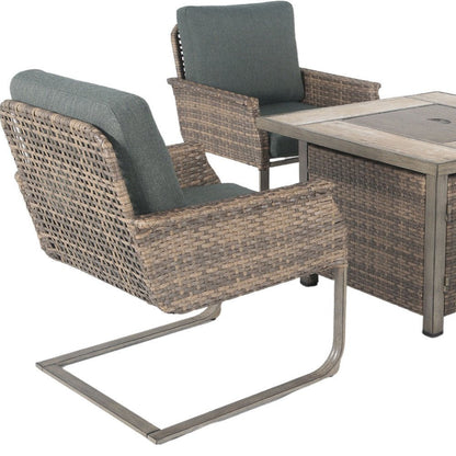 Five Piece Gray and Moss Green Wicker Upholstered Cushions Outdoor Patio Set With Fire Pit And Table HomeRoots