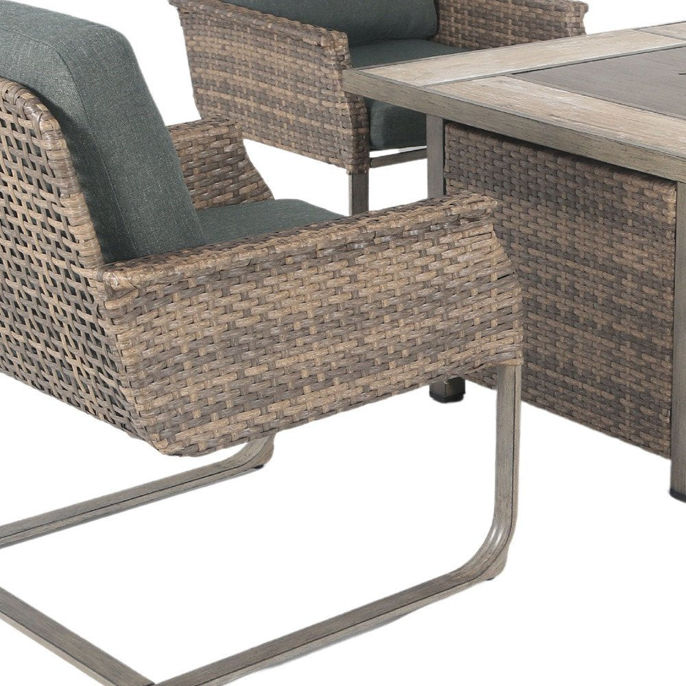 Five Piece Gray and Moss Green Wicker Upholstered Cushions Outdoor Patio Set With Fire Pit And Table HomeRoots