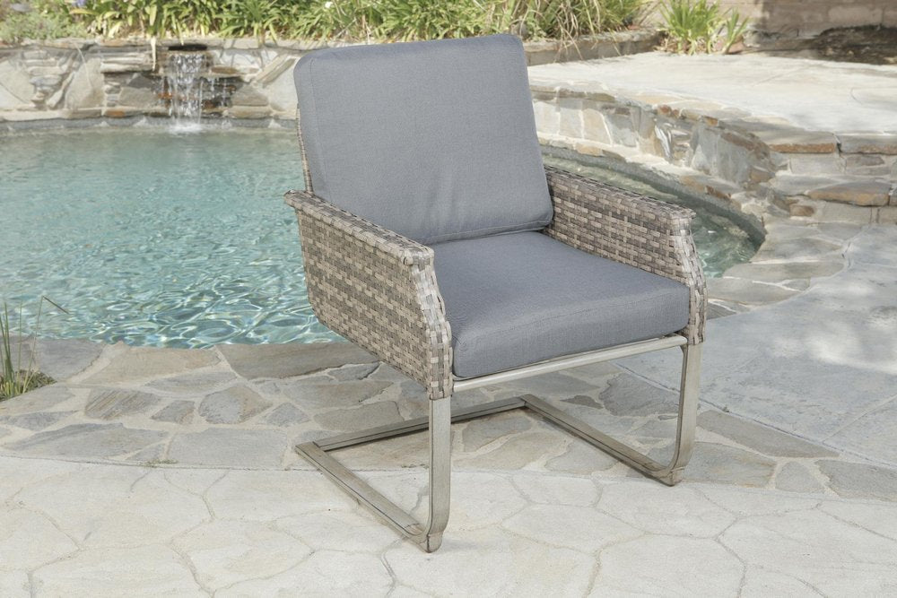 Five Piece Gray and Moss Green Wicker Upholstered Cushions Outdoor Patio Set With Fire Pit And Table — view 5