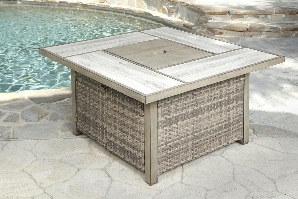 Five Piece Gray and Moss Green Wicker Upholstered Cushions Outdoor Patio Set With Fire Pit And Table — view 7