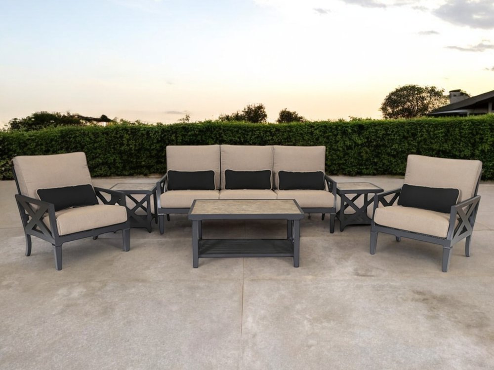 Six Piece Gray Metal Sectional Seating Group With Table — view 1