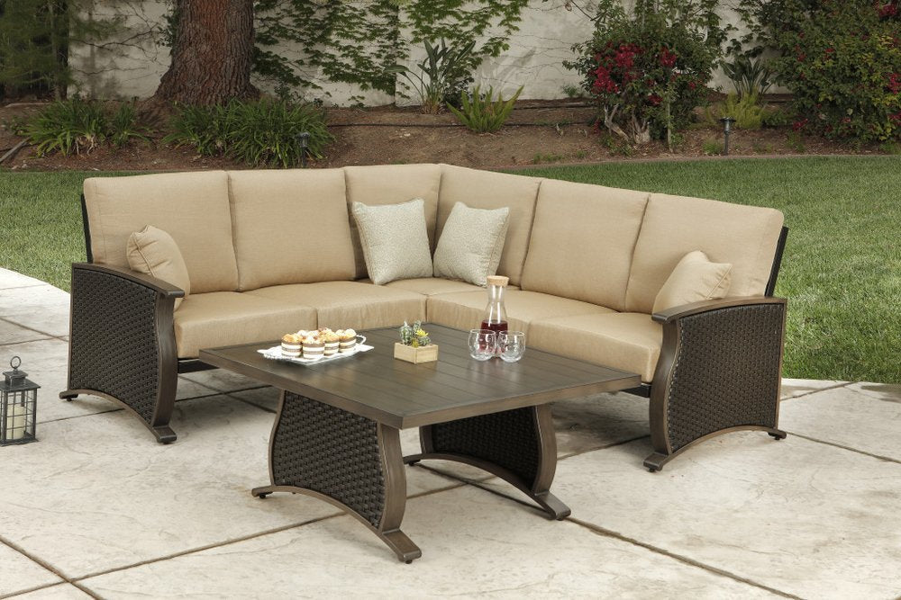 Two Piece Brown and Tan Metal Sectional Seating Group With Table — view 11