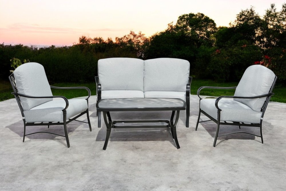 Four Piece Black and Light Gray Metal Outdoor Patio Set With Table HomeRoots