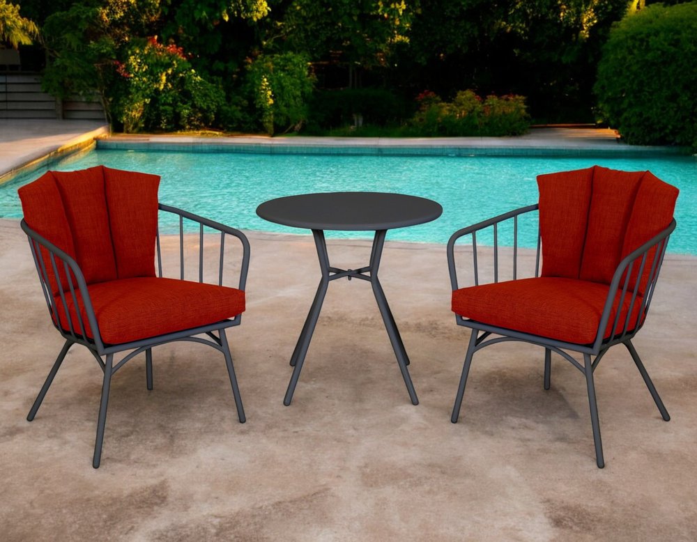 Three Piece Black and Red Metal Two Person Seating Group With Table — view 1